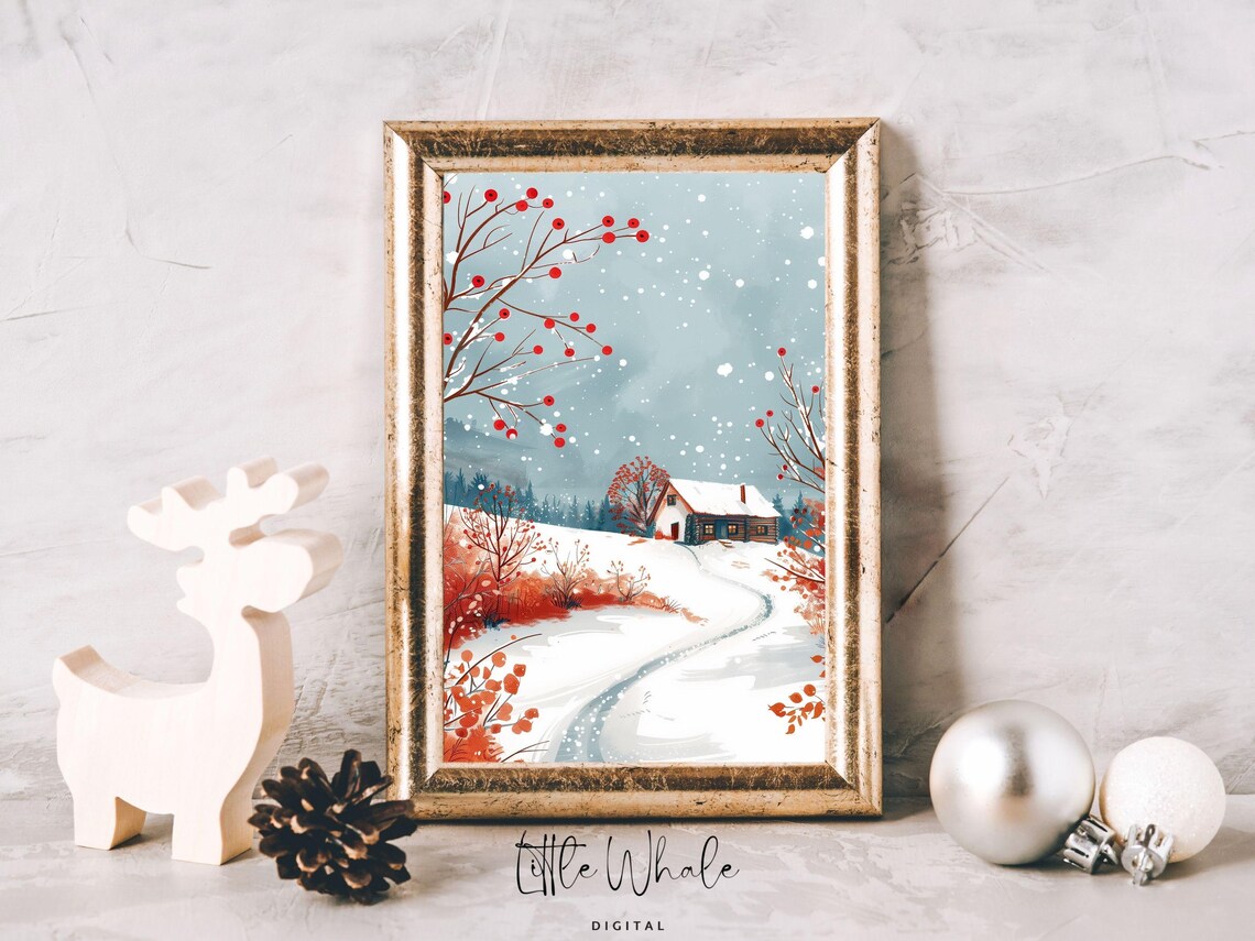 Cozy Snow Covered Cottage With Red Berry Trees Winter Scene Poster - Image 2