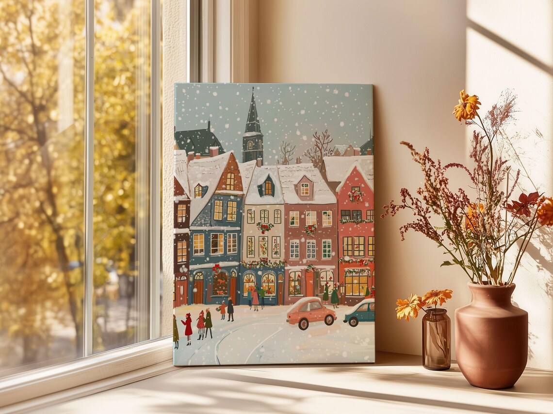 Retro Snowy Christmas Street With Vintage Cars And Shoppers Poster - Image 2