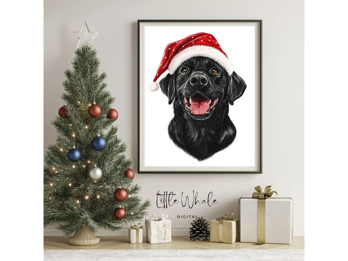 Black Labrador Retriever in Santa Hat Happy Christmas Dog Art Print - Image 3