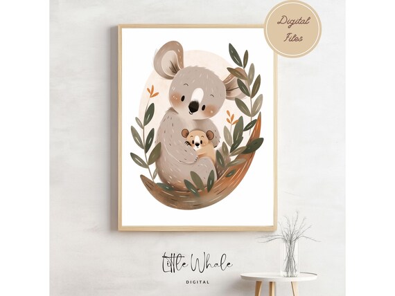 Koala Mom Hugging Baby With Eucalyptus Nursery Watercolor Wall Art Print