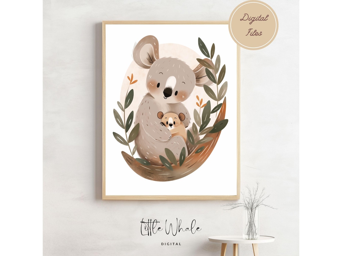 Koala Mom Hugging Baby With Eucalyptus Nursery Watercolor Wall Art Print