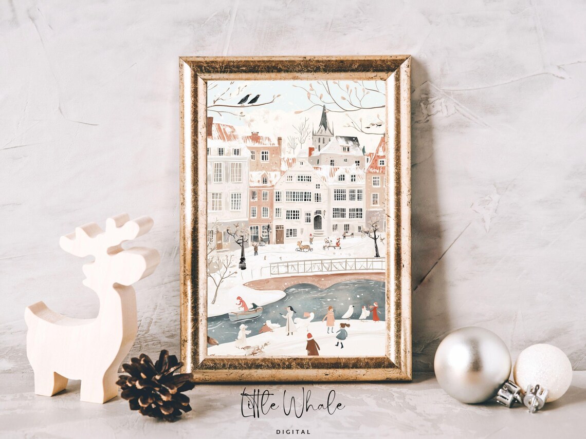 Snowy Canal Town With Old Bridge And Church Winter Scene Poster - Image 2