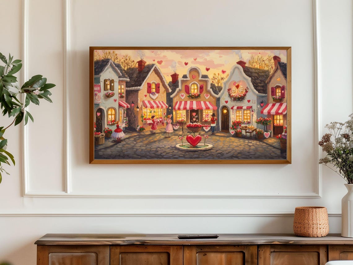 Valentine Village Square With Heart Fountain Romantic Town Poster
