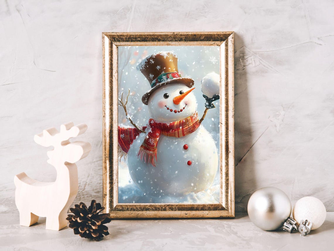 Cute Snowman with Top Hat and Red Scarf Holding Snowball Poster - Image 3