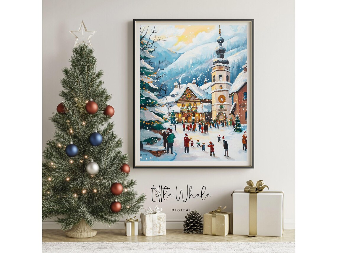 Snowy Alpine Village Christmas Scene with Church and Mountain Poster - Image 3