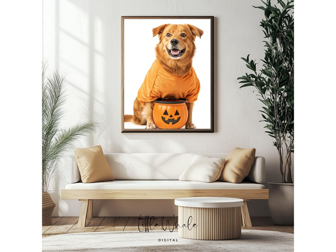 Happy Brown Dog in Pumpkin Costume Holding Halloween Candy Bucket Poster - Image 4