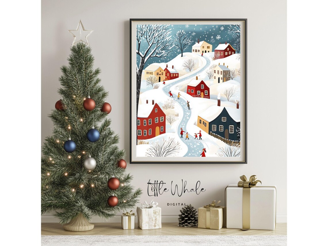 Snowy Hillside Village Folk Art Scene with Sledders and Skaters Poster - Image 3