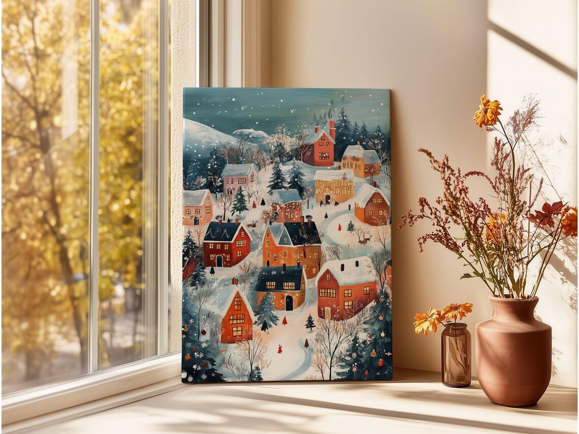 Snowy Christmas Village With Red Cottages Aerial Winter Town Poster - Image 3
