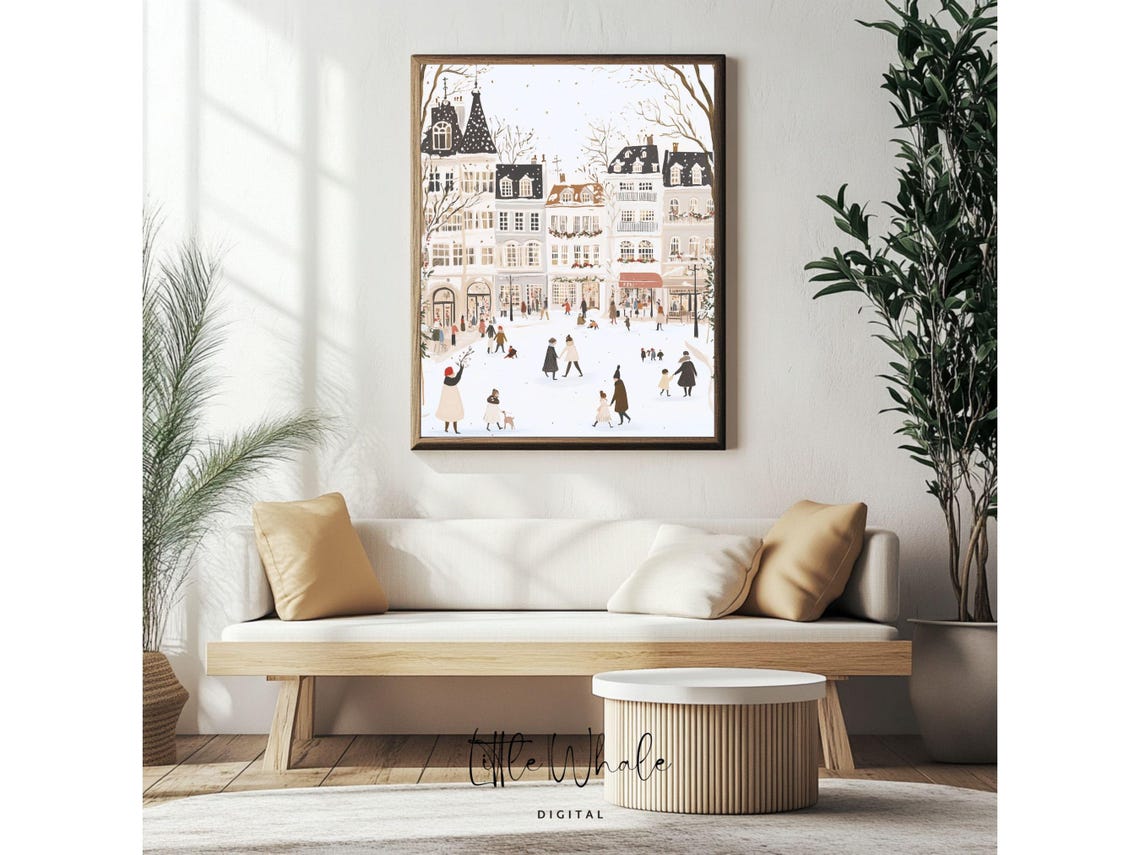 Snowy European City Square With Shoppers Festive Winter Day Poster - Image 2