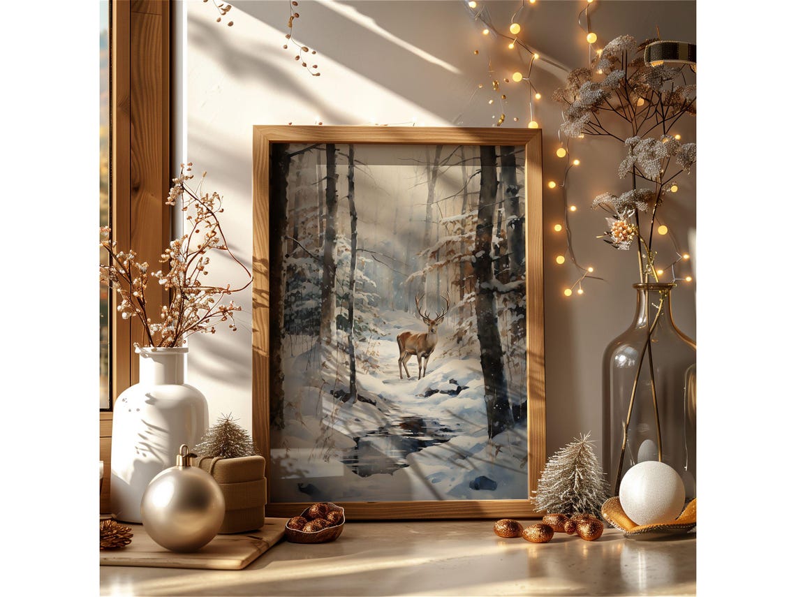 Watercolor Deer Standing In A Snowy Forest Winter Landscape Poster - Image 2