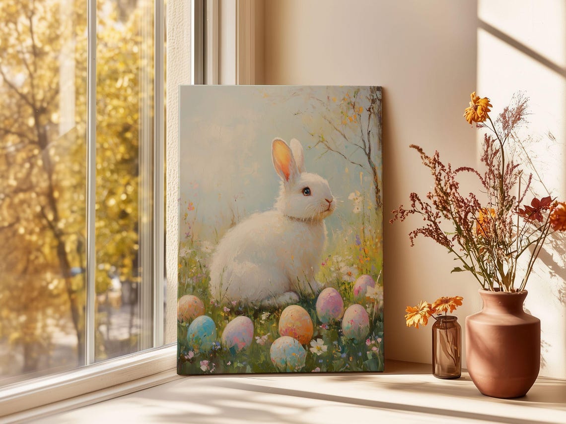 White Easter Bunny Among Painted Eggs In A Spring Garden Poster
