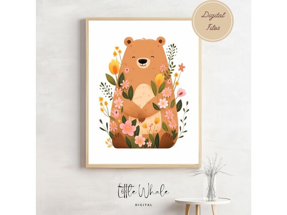 Cute Floral Brown Bear Nursery Wall Art Wildflower Kids Room Decor Print