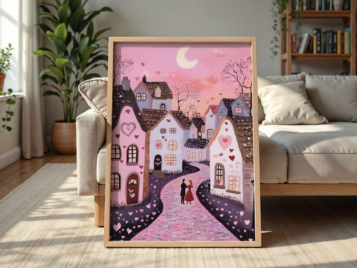 Valentine's Pink Town Night Couple on Heart Petal Path Scene Poster - Image 2