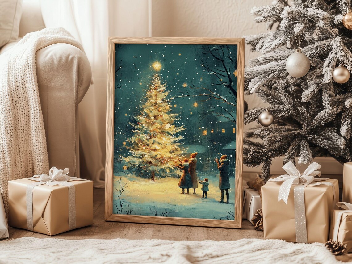 Family Gathered Around A Glowing Christmas Tree Snowy Night Poster - Image 2