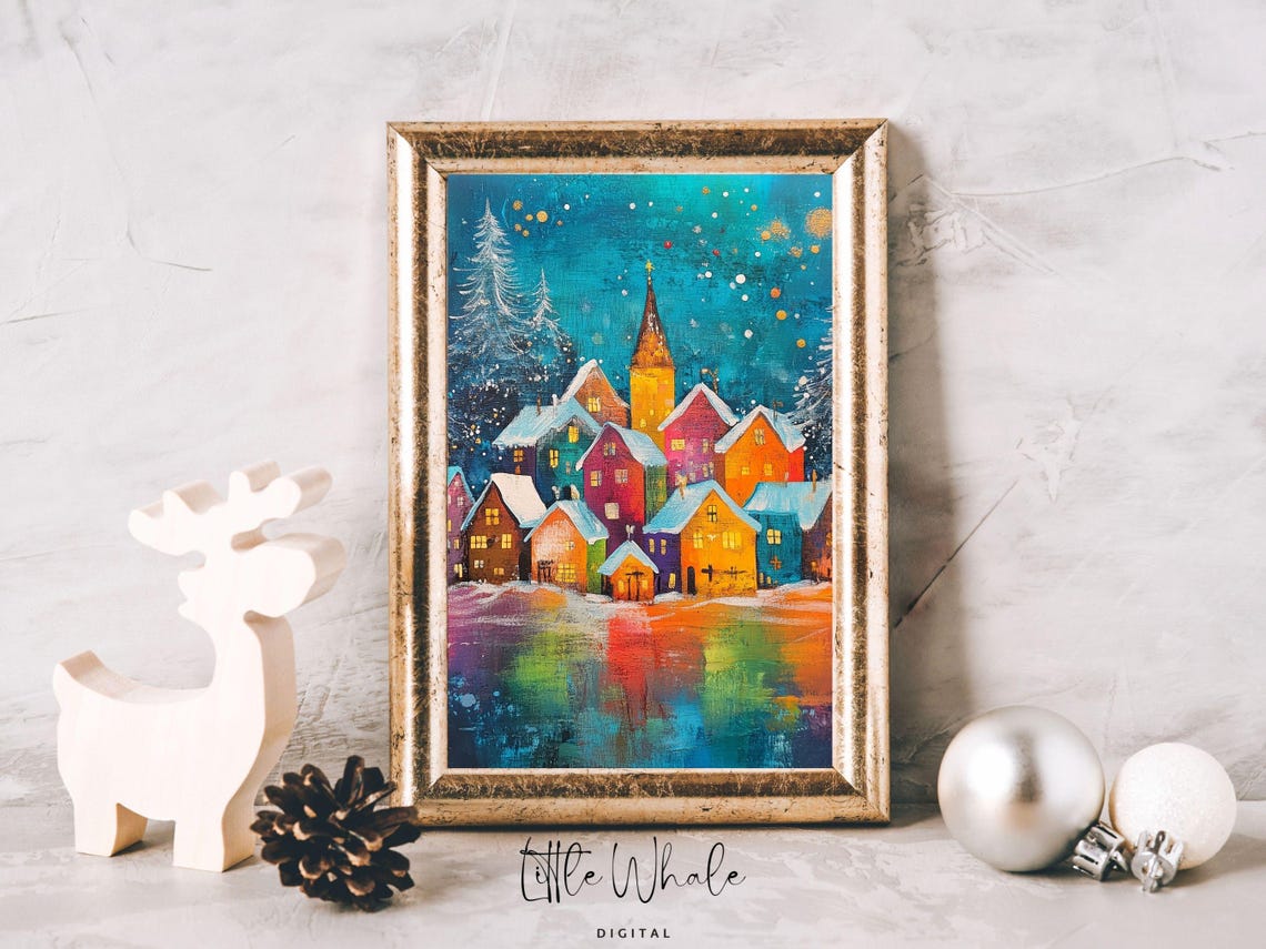 Colorful Christmas Town at Night Snowy Houses Abstract Poster - Image 2