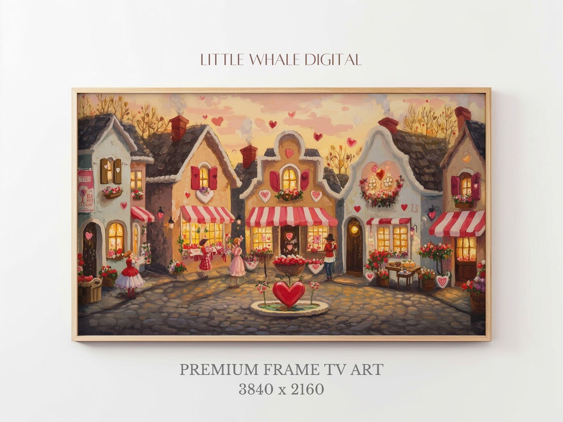 Valentine Village Square With Heart Fountain Romantic Town Poster - Image 3