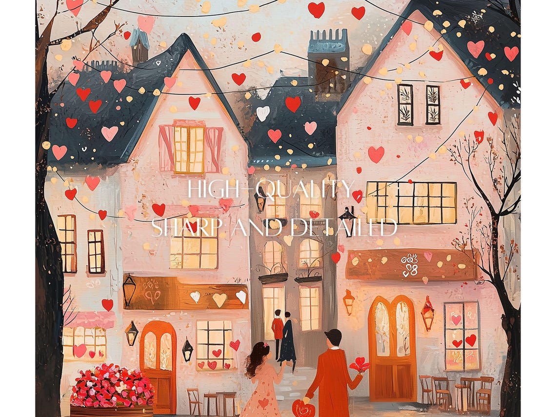 Romantic Couple Holding Hands Valentines Town Heart Decor Poster - Image 2