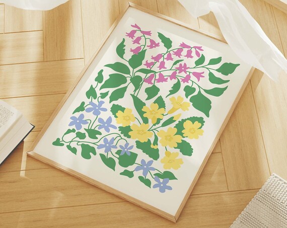 Spring Wildflowers Bluebells and Primrose Colorful Botanical Poster