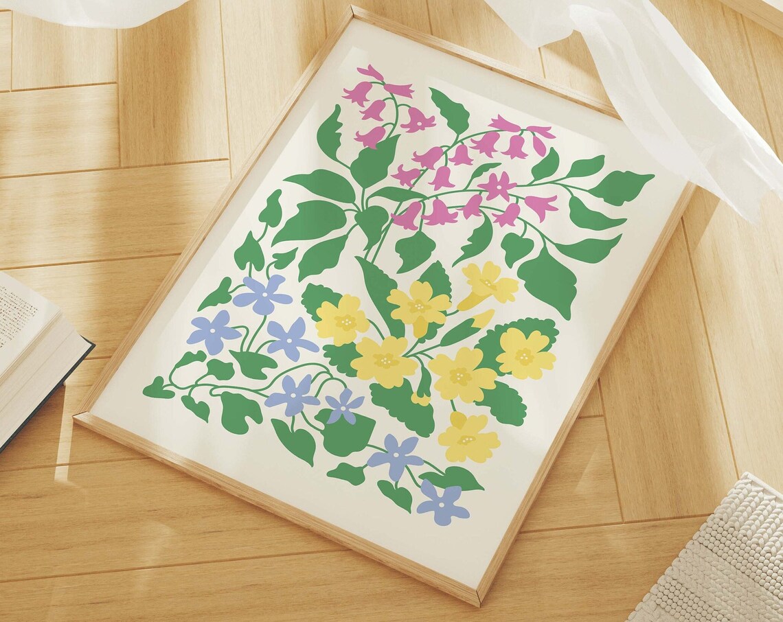 Spring Wildflowers Bluebells and Primrose Colorful Botanical Poster