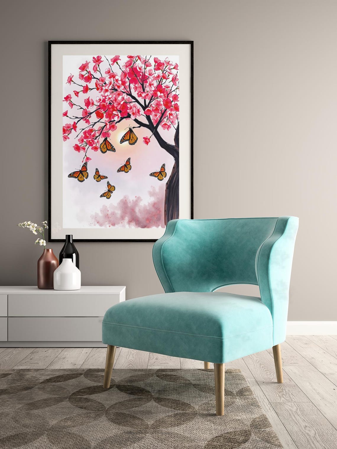 Butterflies Watercolor Cherry Blossom Art Print - Image 3