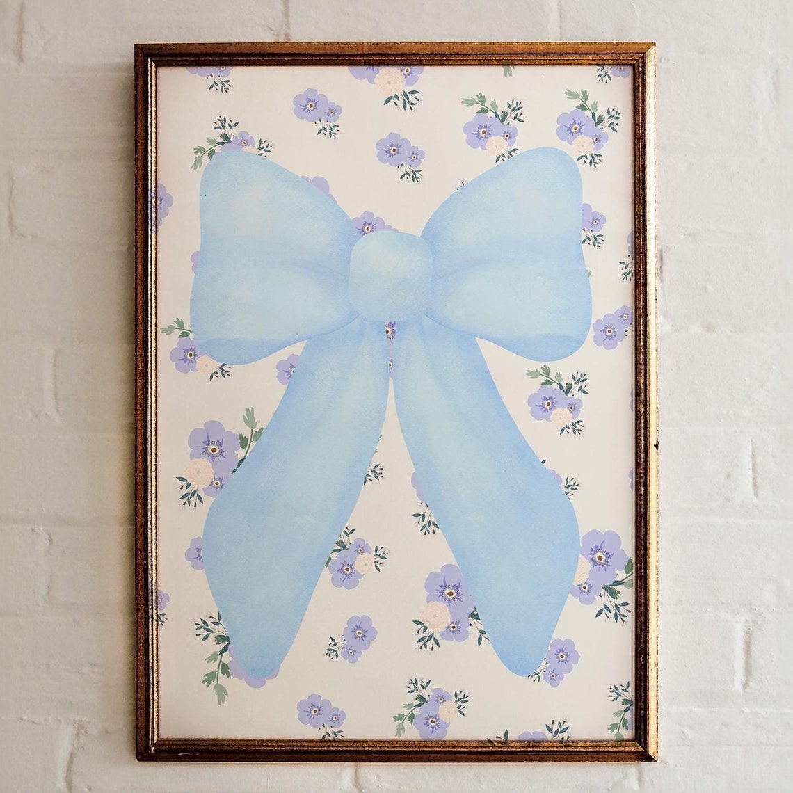 Blue Bow Coquette Wall Art Big Ribbon Floral Background Girly Print
