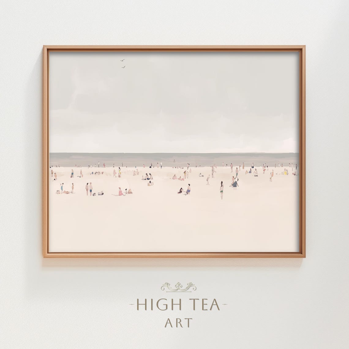 Muted Beach Scene Watercolor Painting People Sunbathing Coastal Poster