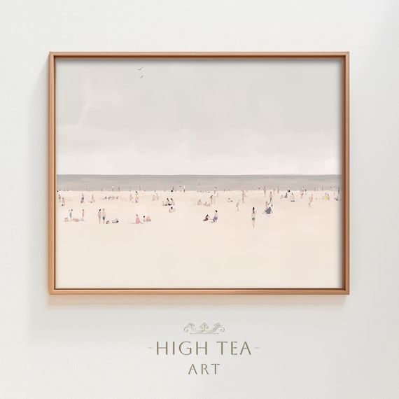 Muted Beach Scene Watercolor Painting People Sunbathing Coastal Poster