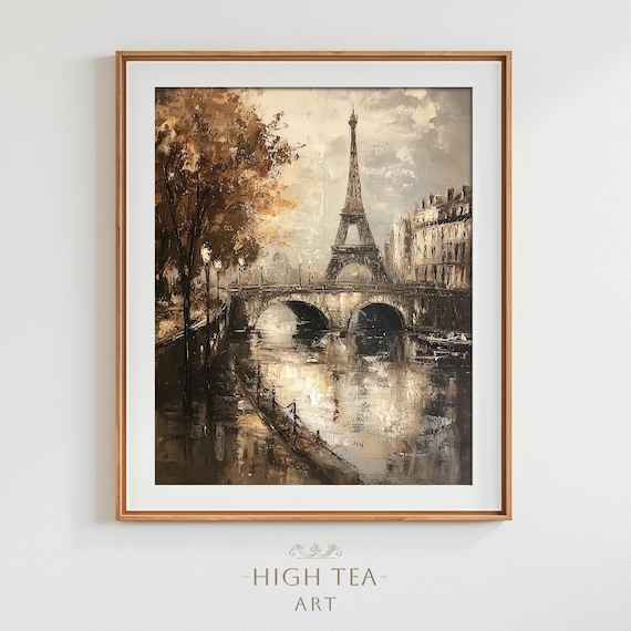Eiffel Tower Paris Seine Vintage Neutral Tones Oil Painting Print