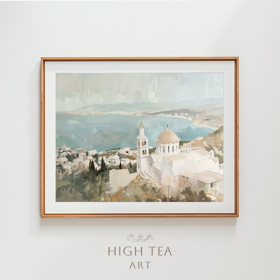 Coastal Village Orthodox Church Oil Painting Rustic Mediterranean Wall Art