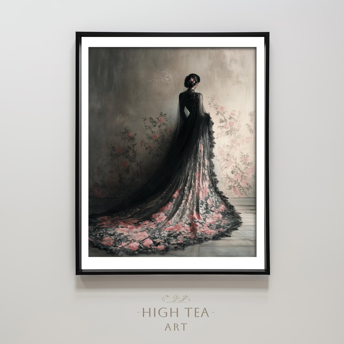 Vintage Black Pink Gown Floral Pattern Art Print