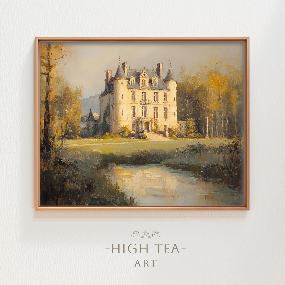 Vintage French Chateau Oil Painting Art Print, Countryside Landscape
