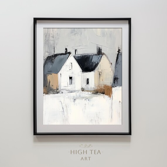 Abstract Winter House Art Print, Snowy Farmhouse