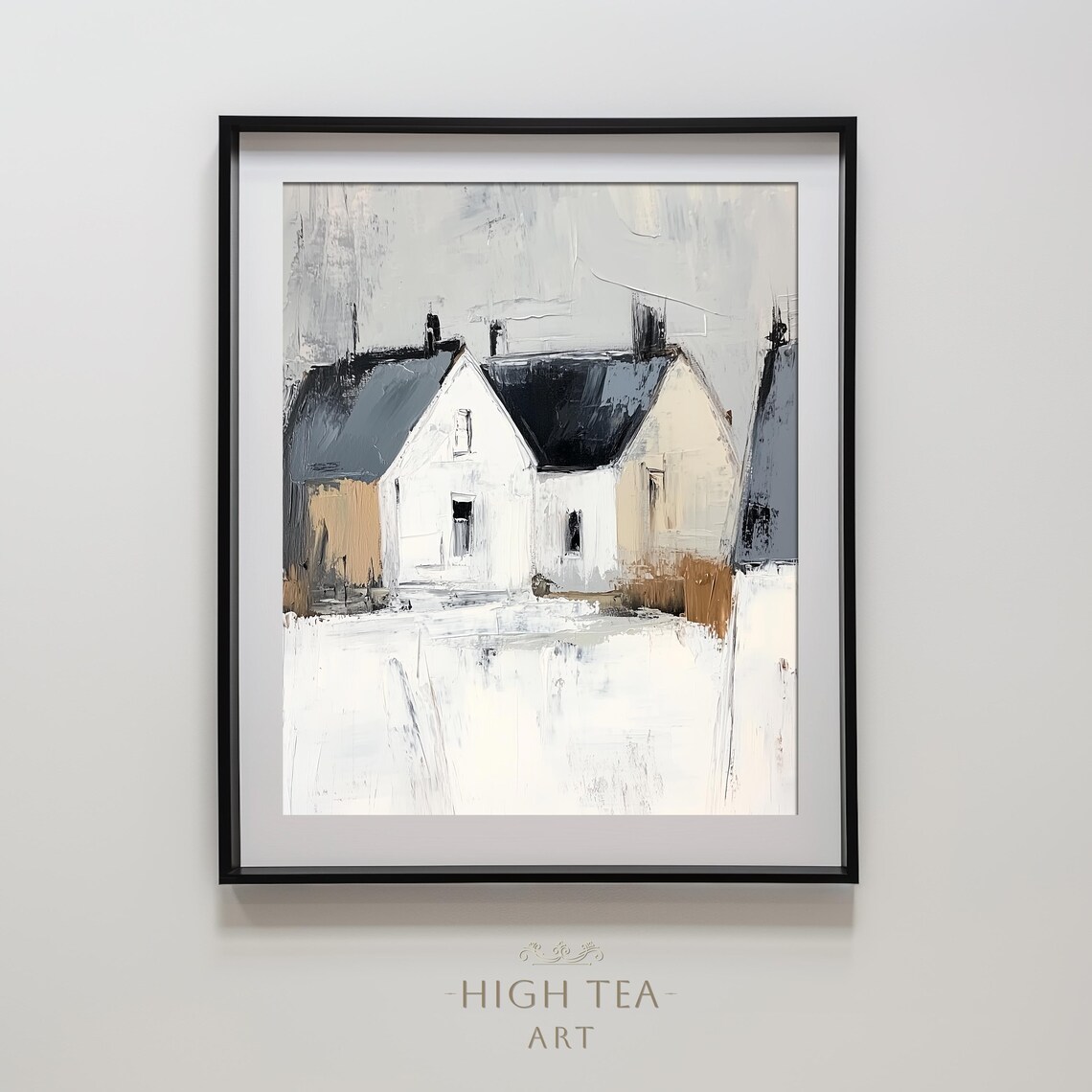 Abstract Winter House Art Print, Snowy Farmhouse