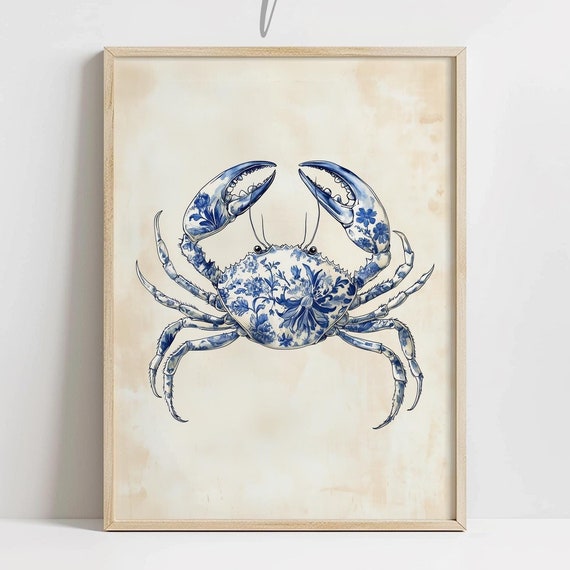 Blue Chinoiserie Crab Floral Nursery Art Print