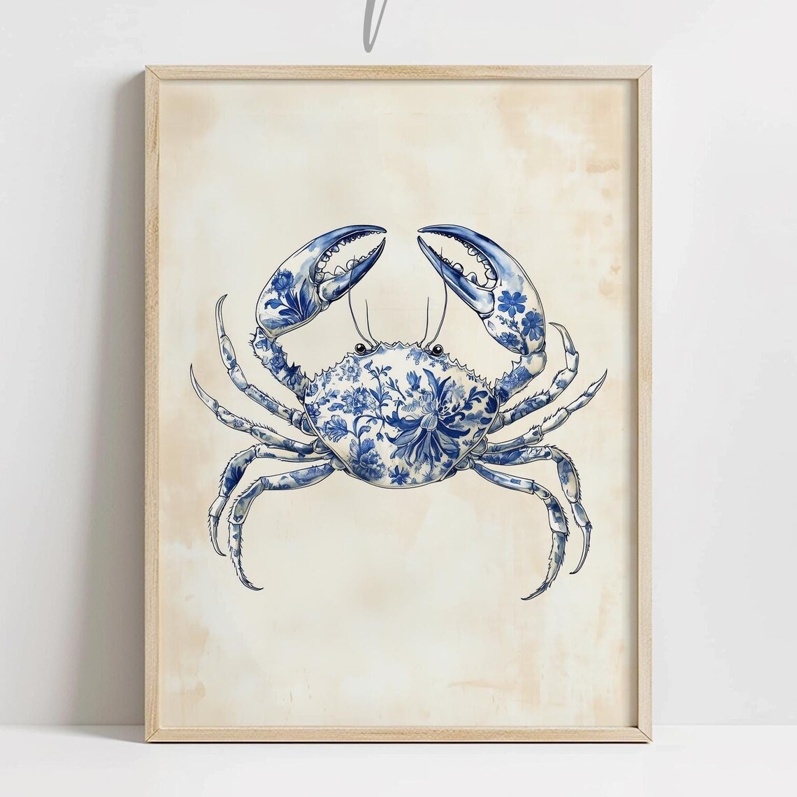 Blue Chinoiserie Crab Floral Nursery Art Print