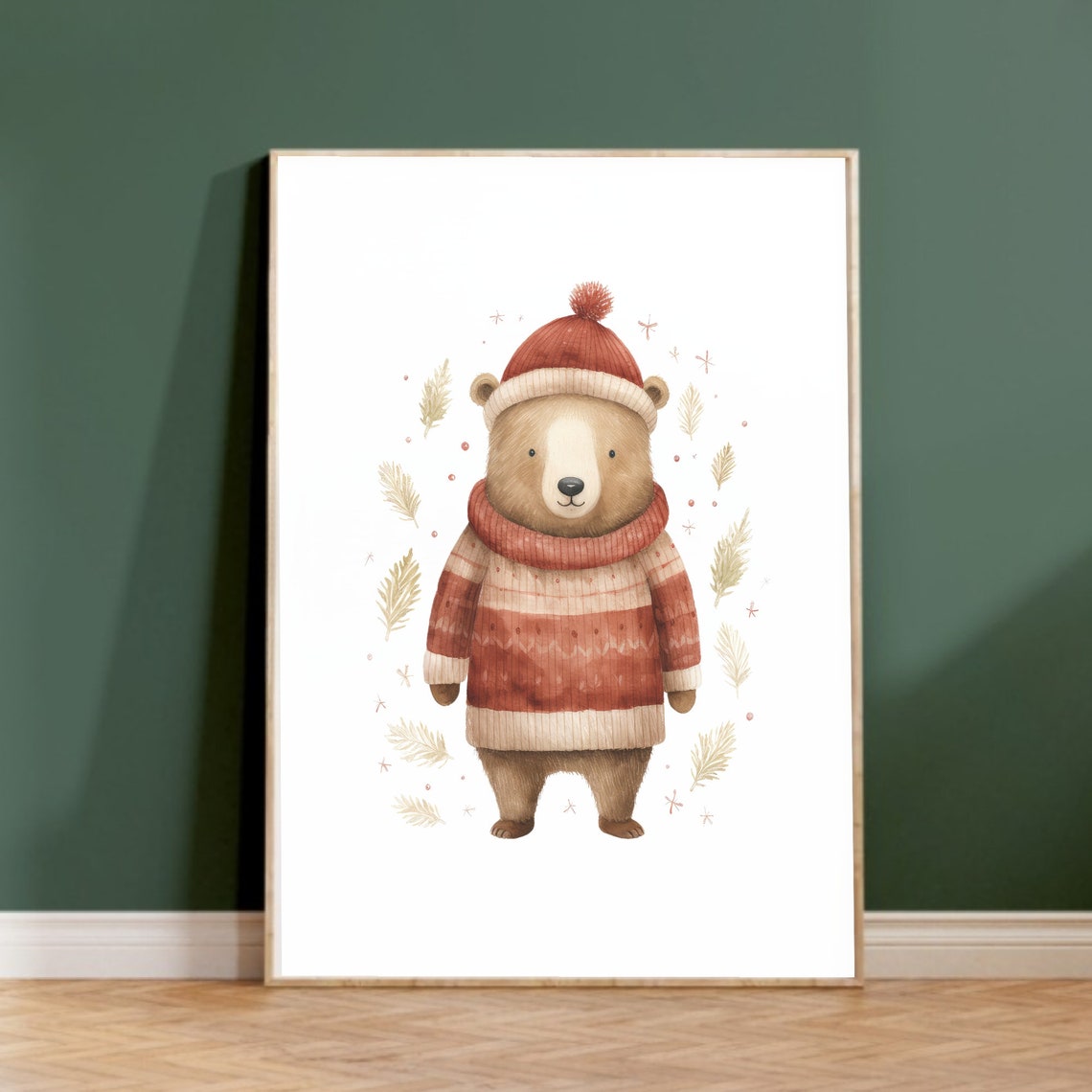 Brown Bear In Cozy Knit Sweater And Red Pompom Beanie Winter Poster