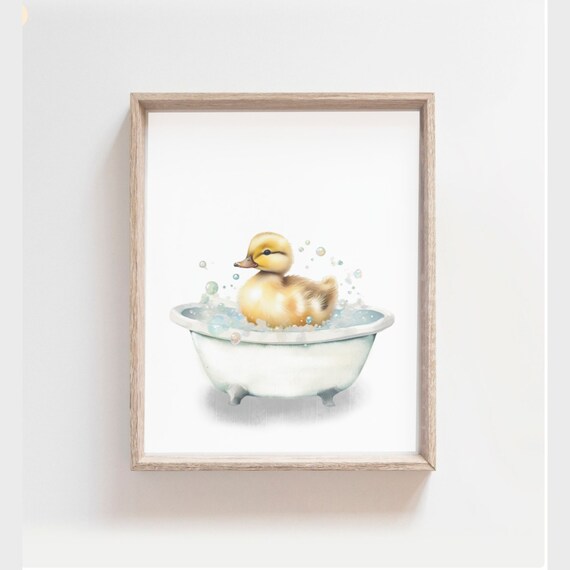 Printabel Duck Bathtub Bathroom Art Baby Duckling Bath Funny Bathroom Wall Art Yellow Duck Bubble Bathing Cute Kids Bathroom Art