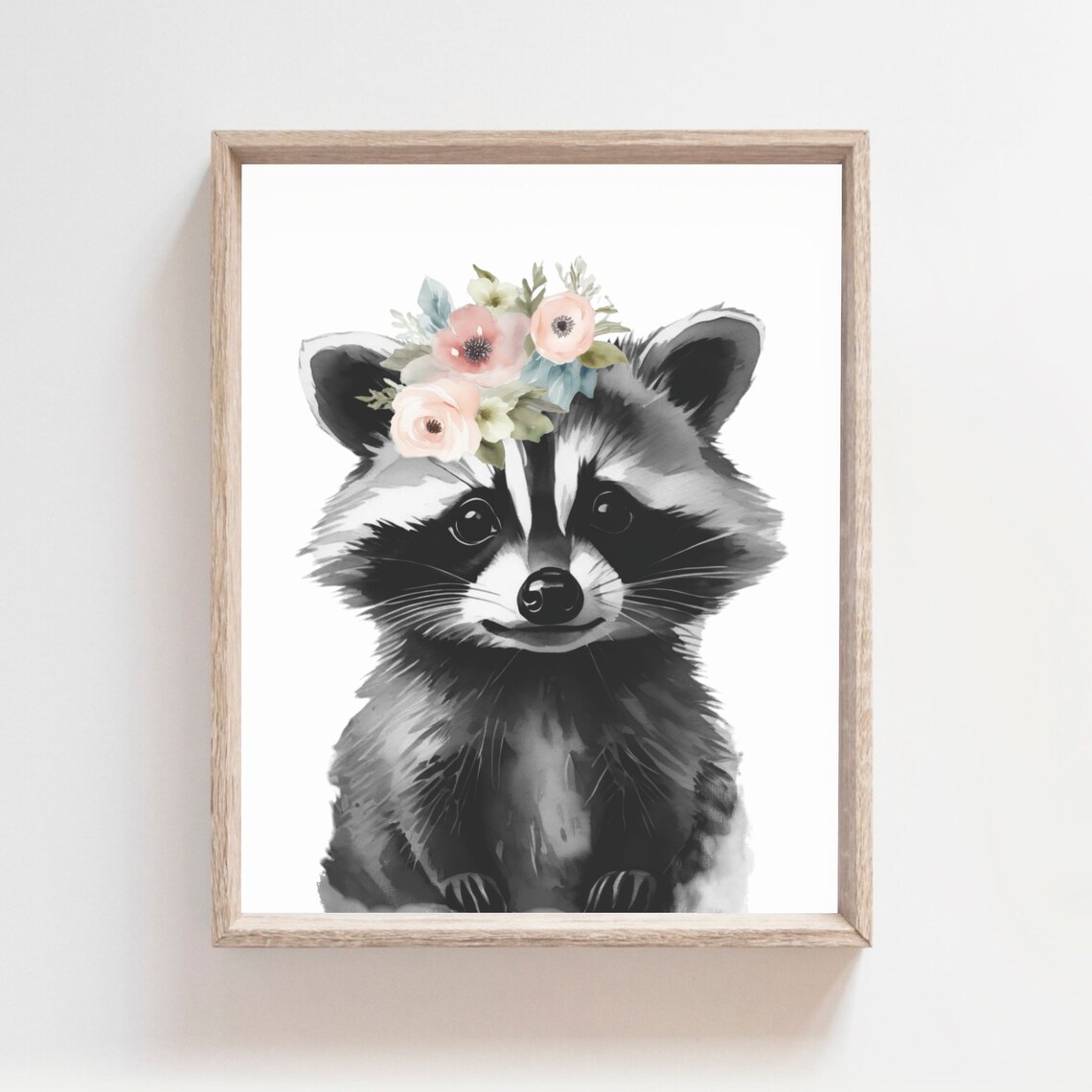 Sweet Baby Raccoon Flower Crown Watercolor Nursery Art Poster