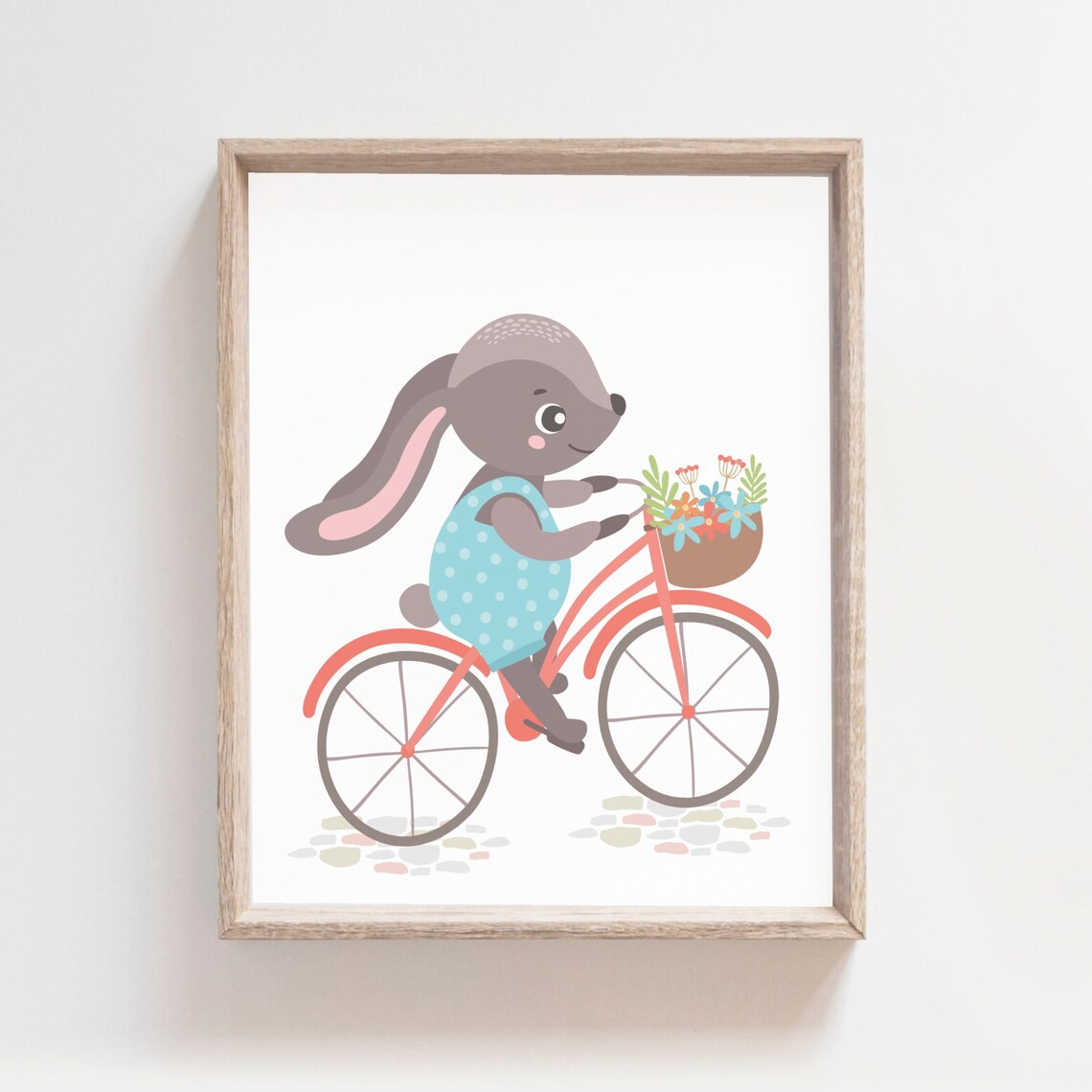 Bunny Riding Coral Bicycle With Flower Basket Cartoon Kids Room Wall Art