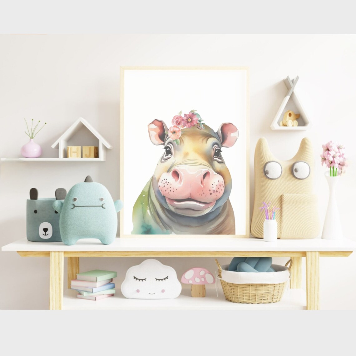 Adorable Baby Hippo Flower Crown Watercolor Nursery Art Poster - Image 2