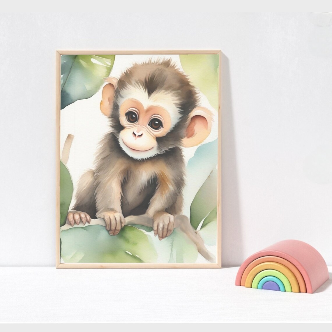 Baby Monkey Watercolor Portrait Jungle Leaves Nursery Wall Poster - Image 2