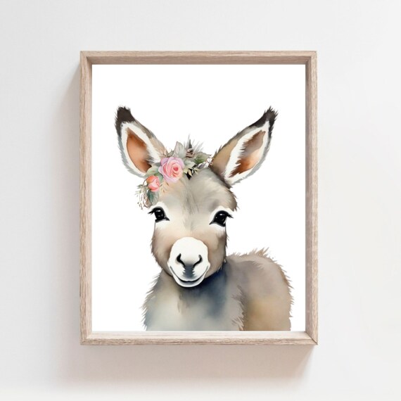 Watercolor Donkey Flower Crown Farm Animal Nursery Kids Room Poster