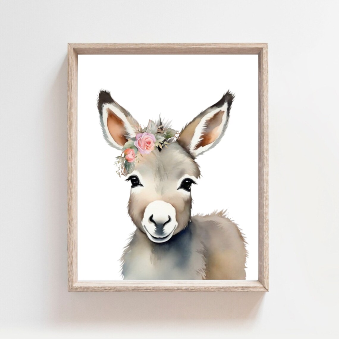 Watercolor Donkey Flower Crown Farm Animal Nursery Kids Room Poster
