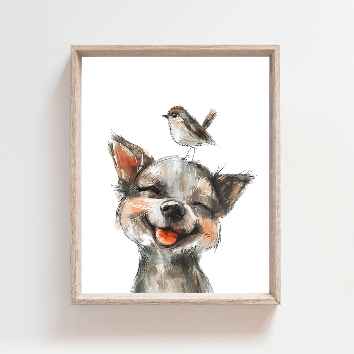 Laughing Puppy With Bird On Head Watercolor Sketch Kids Room Fun Poster