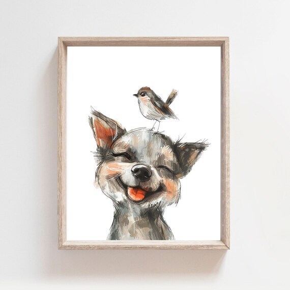 Laughing Puppy With Bird On Head Watercolor Sketch Kids Room Fun Poster