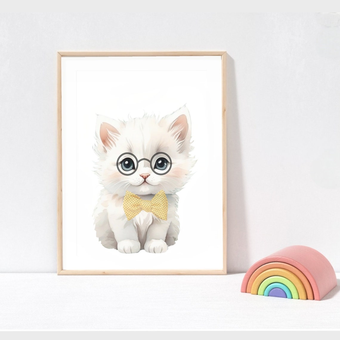 White Watercolor Kitten Glasses Yellow Bow Tie Cute Nursery Poster - Image 2