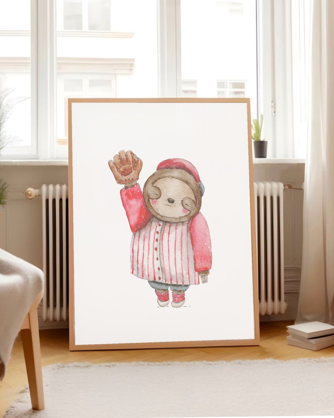 Watercolor Sloth Baseball Catcher Glove Kids Sports Nursery Poster - Image 2