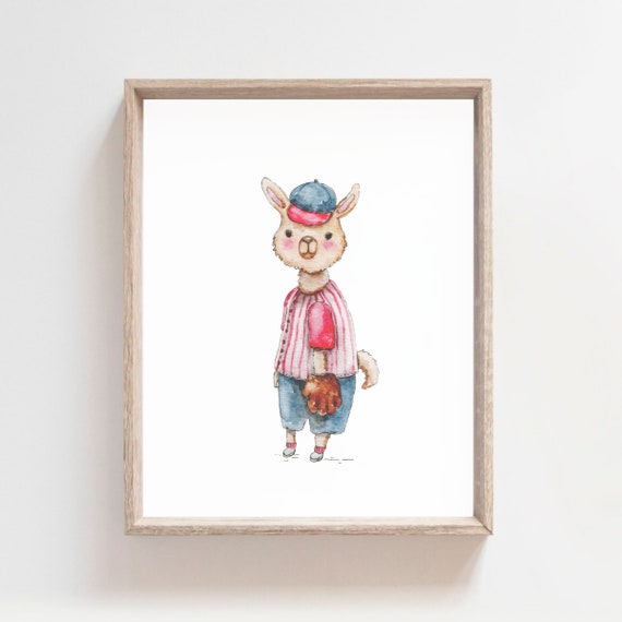 Baseball Print Sport Nursery Sport Animals Baseball Artwork Baseball Wall Art Children Room Decor Watecolor Wall Print Llama Poster