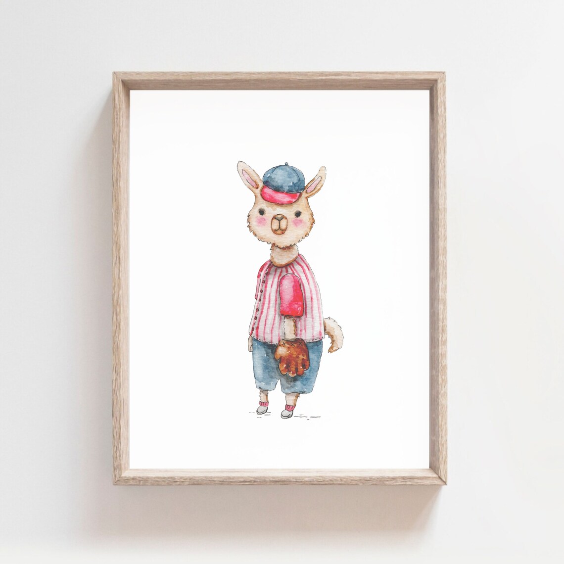 Llama In Baseball Uniform With Mitt Watercolor Sports Kids Room Poster