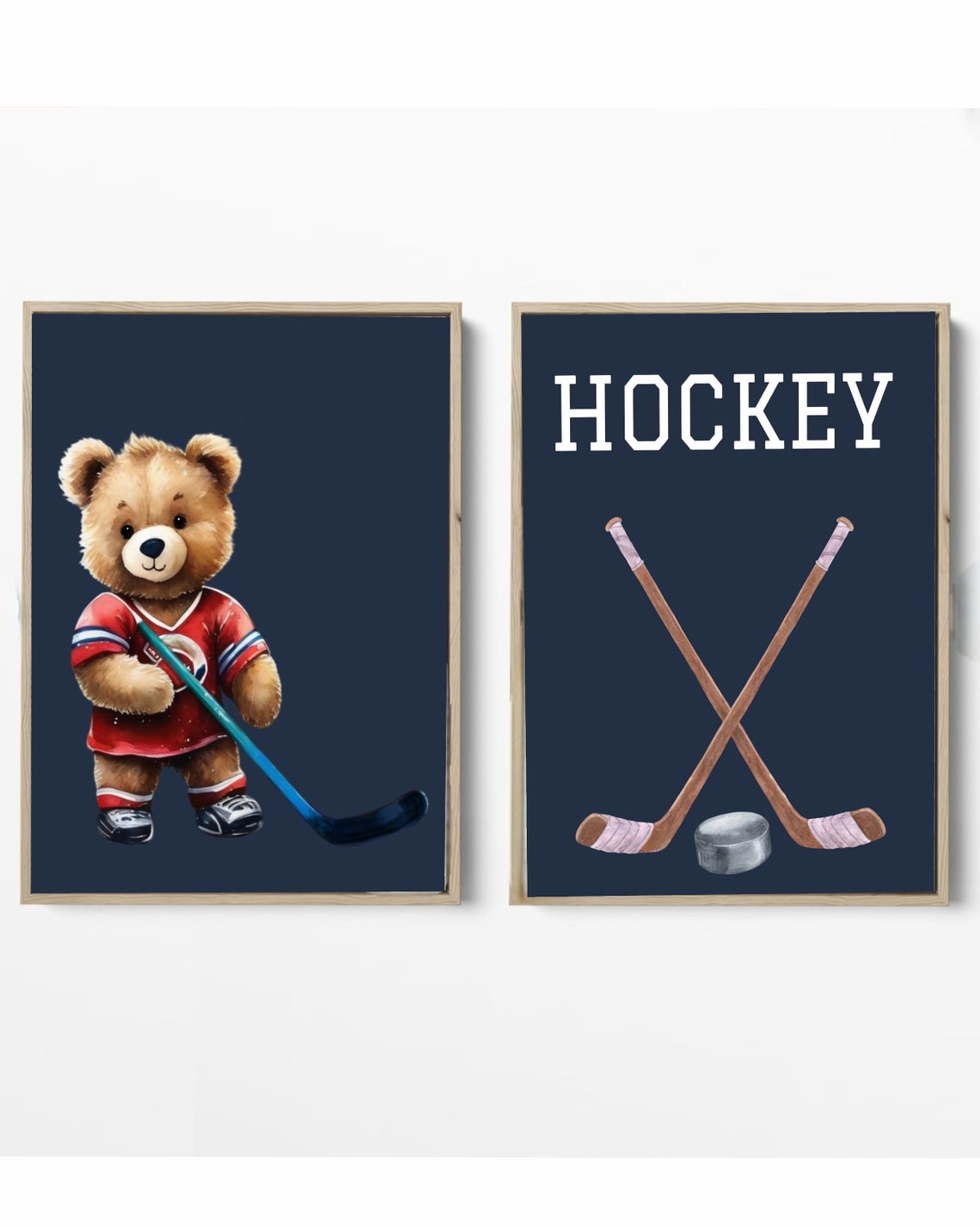 Cute Teddy Bear Hockey Player Two Piece Navy Nursery Wall Poster